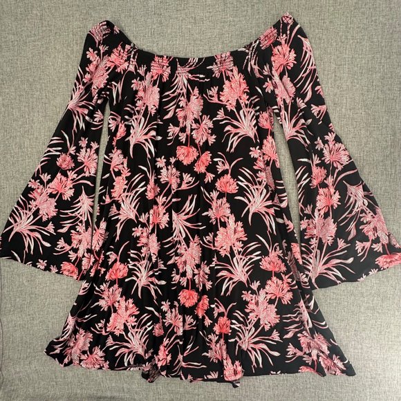 Express Floral Mini Dress Floral‎ Off The Shoulder Long Bell Sleeves Small Rayon - Picture 1 of 12
